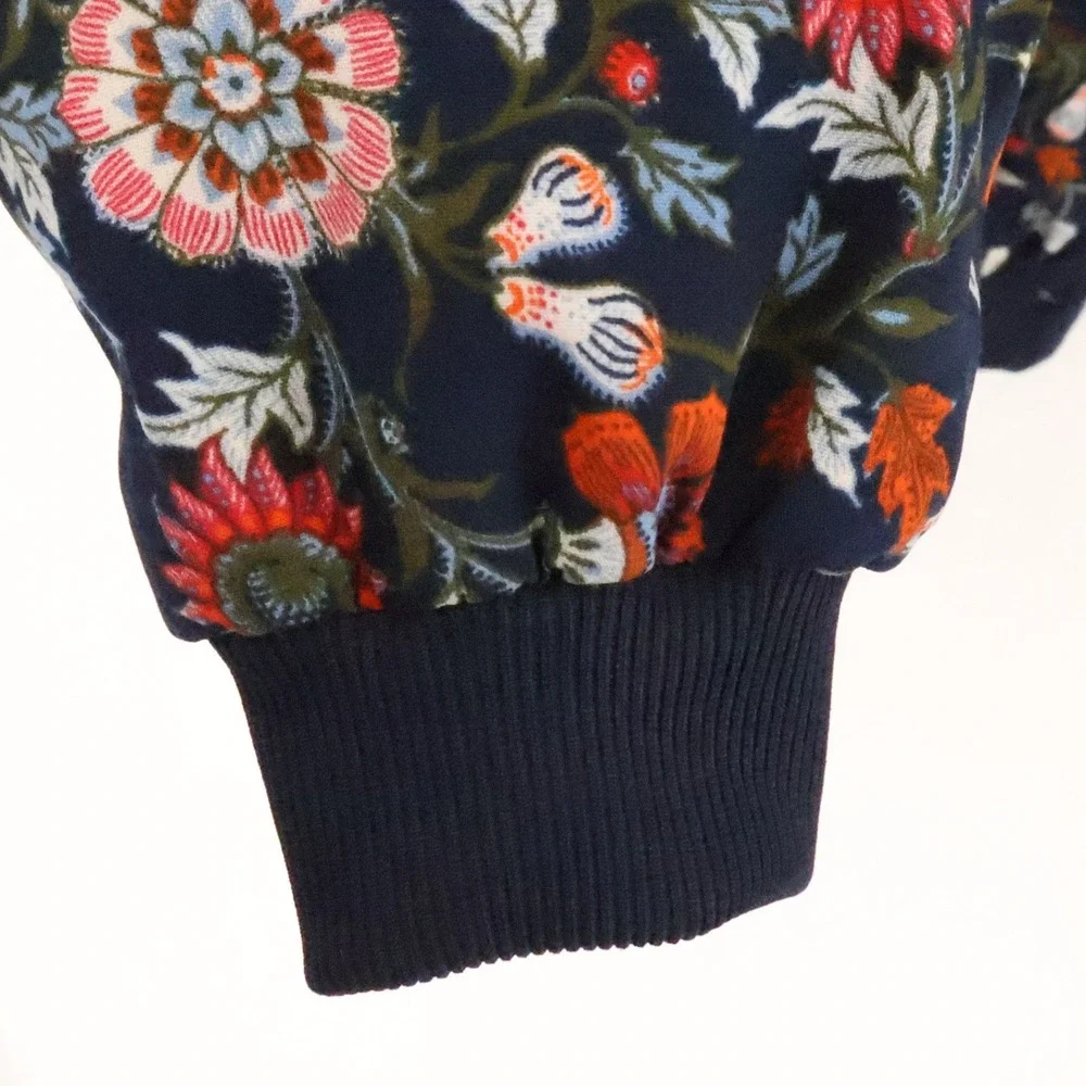 Floral Bomber Jacket Womens Size S Navy Blue Full Zip Pockets Streetwear Indie